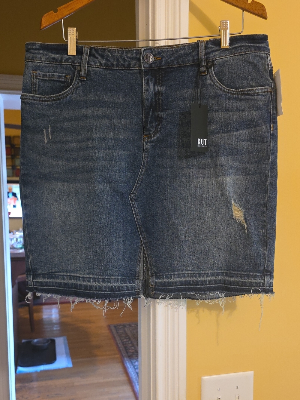 Kut from the Kloth Blue Distressed Straight Denim Skirt